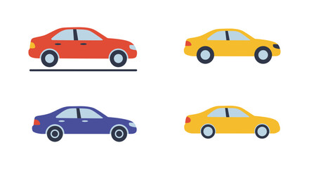 Fototapeta premium Four colorful cars in different positions on a plain white background