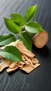 Close view of natural wood chips alongside vibrant green leaves highlights organic materials in a beautifully presented arrangement