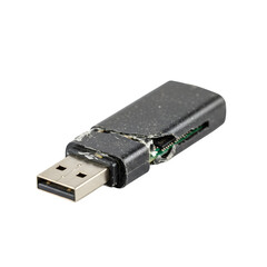 Broken and damaged usb flash drive isolated on white or transparent background. PNG