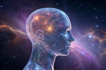 Obraz premium A transparent head filled with stars and galaxies, representing the concept of consciousness, intelligence, and the universe within the human mind, set against a cosmic background