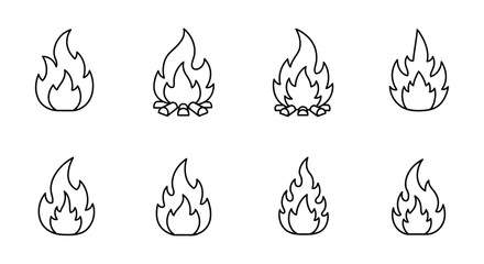 A set of simple line drawings of various fire flames and campfires