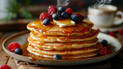Stack of fluffy pancakes dripping with maple syrup, topped with butter and berries, steaming coffee in the background.