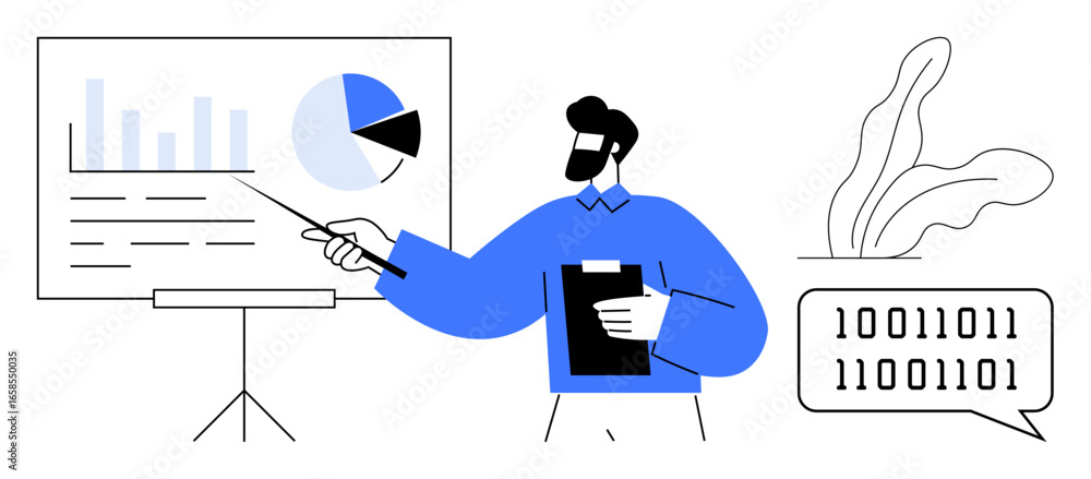 Poster man explaining data insights using pie chart and graph on screen, gestures with pointer, large code 