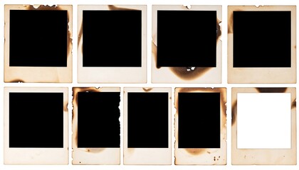 Nine burned, vintage photo frames