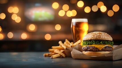 Obraz premium Delicious burger and beer pairing cozy bar food photography warm atmosphere close-up view gastronomic delight