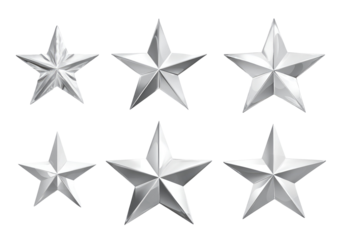 Series of eight silver stars, varying slightly in surface texture and detail