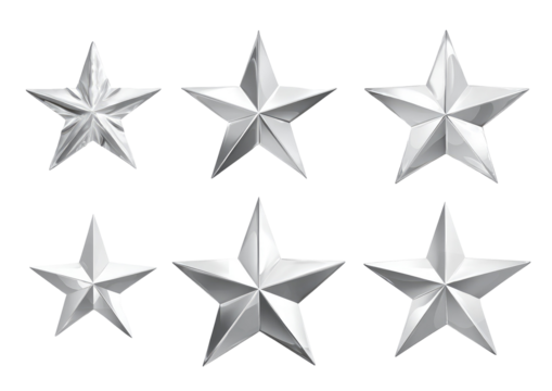 Series of eight silver stars, varying slightly in surface texture and detail