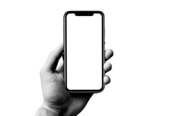 A grayscale image of a hand holding a smartphone with a blank screen.  The phone's rectangular shape and bezel are clearly visible