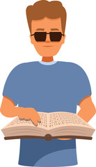 Visually impaired person wearing dark glasses reading a braille book using their index finger