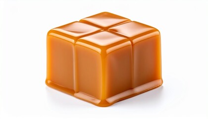 Fototapeta premium Glossy golden-brown caramel cube with smooth texture and subtle ridges on white background.