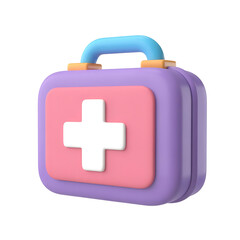 Fototapeta premium Modern 3d rendering of a first aid kit with a white cross symbol on a pink panel and a blue handle transparent background