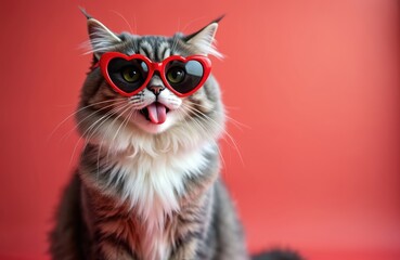 Funny fluffy cat wears red heart-shaped sunglasses, sticking its tongue out. Sits against a red backdrop, isolated. Perfect for Valentine Day, love, or humorous pet content. Adorable, playful feline.