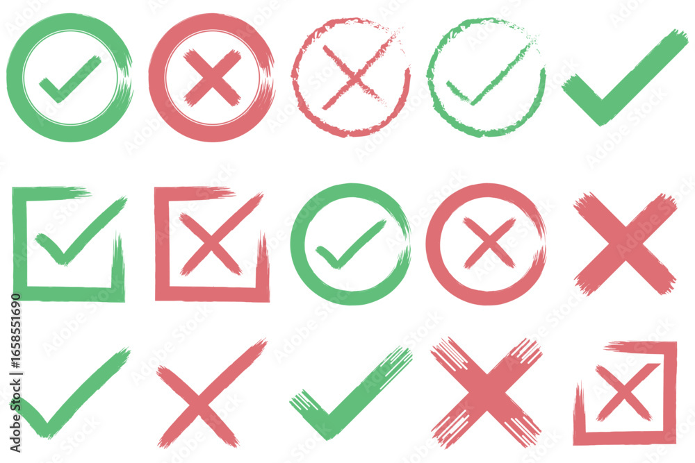 Poster check tick mark icon set. cross box x check mark checkbox v list vector draw hand drawn sketch doodl