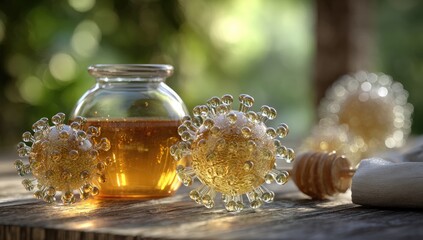 Honey and viruses on a wooden surface