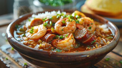 Steaming bowl of Louisiana gumbo with shrimp, sausage, okra, and rice, served in a rustic bowl on a wooden table with cornbread on the side.