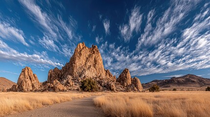 Naklejka premium Desert Landscape with Rock Formations and Dramatic Sky