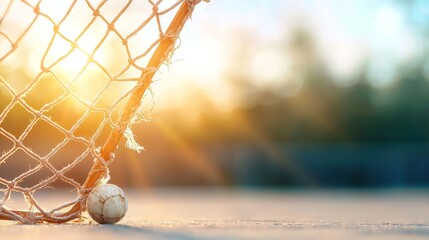 Soccer ball in the net outdoor field sports event golden hour close-up capturing the moment