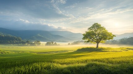 Obraz premium Peaceful sunrise over lush green fields and majestic mountains nature scene tranquil environment serene viewpoint