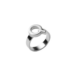 Sleek, metallic ring featuring a stylized, open circle design