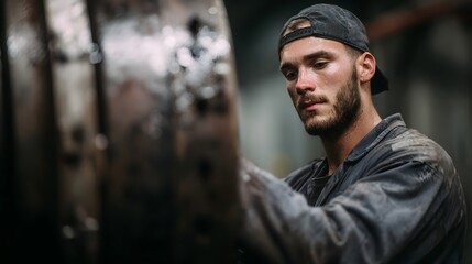 Skilled mechanic repairing large industrial engine in factory setting