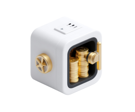 A white cube-shaped vault, open to reveal stacks of gold coins.  A gold-colored knob and power outlet are visible