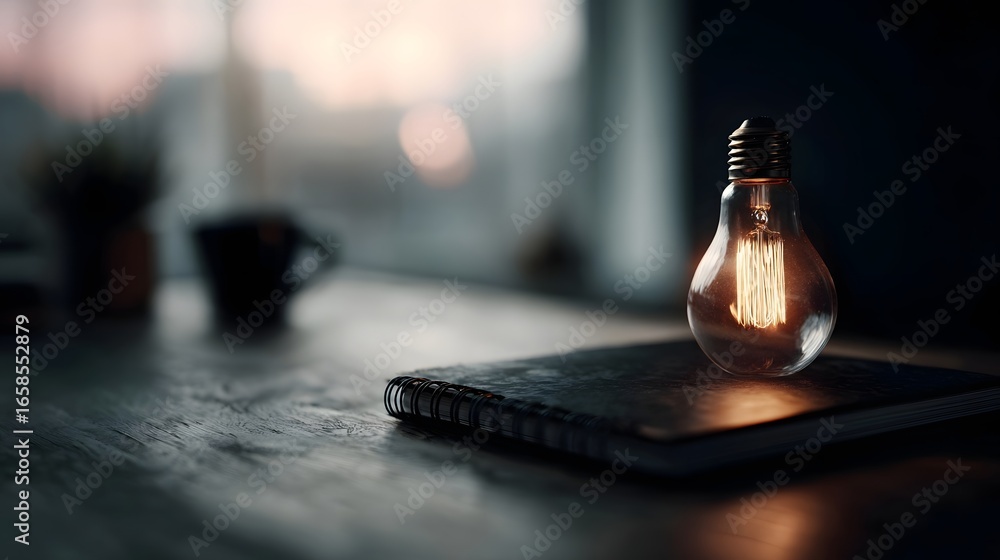 Aufkleber a creative desk workspace with a glowing light bulb and notebook long title a minimalist desk worksp