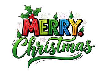 Colorful merry christmas lettering design isolated on transparent background for holiday greetings and festive season celebration with decorative elements