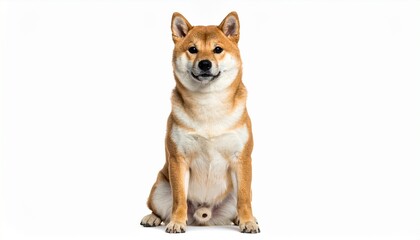 Tan and white Shiba Inu dog sitting on white background with upright ears and curled tail.