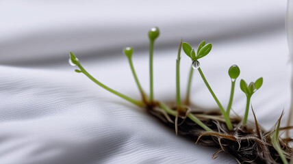 Macro  photo of germinating seeds with visible roots and green sprouts on wet cloth