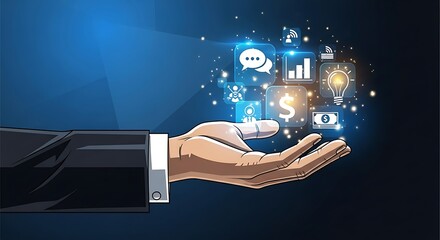 Elevate your business with innovative solutions visualized in a hand, showcasing growth, finance, communication, and modern technology icons for success