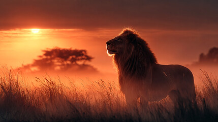Majestic lion in silhouette at sunset in the savannah highlighting nature's beauty in the wild