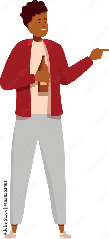 Poster cheerful guy holding a bottle and pointing with his index finger to the right side, isolated on whit