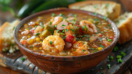 Steaming bowl of Louisiana gumbo with shrimp, sausage, okra, and rice, served in a rustic bowl on a wooden table with cornbread on the side.