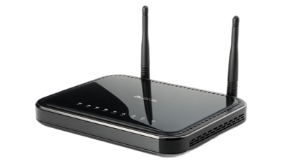 A sleek black wireless router with two antennas is isolated on transparent background, providing internet connectivity for home or office