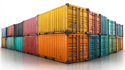 Fototapeta premium Stacked, colorful shipping containers in rows, reflecting on a white surface