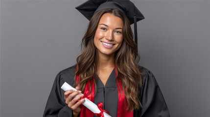 A joyful female graduate in cap and gown holding a diploma with a red ribbon against a gray background, perfect for education and achievement themes.