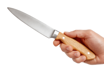 Hand holds a sharp kitchen knife.  Wooden handle, metal blade