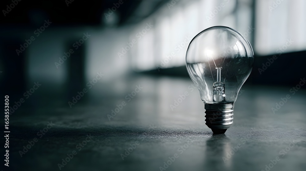 Poster lightbulb turning on in an empty office symbolizing the start of a business venture