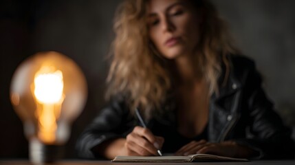 Woman writing ideas beside a glowing light bulb symbolizing productivity and creativity