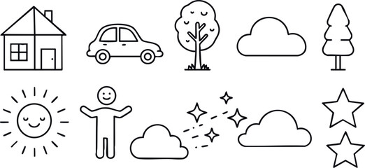 Simple line art nature and home icons including sun, trees, clouds, car, and stars vector illustration 