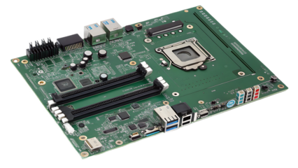 A green computer motherboard with integrated cpu, ram slots, and various ports, representing the central processing unit and connectivity hub of a modern computing system isolated on transparent backg