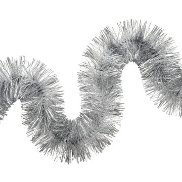 Shiny silver tinsel garland for holiday decoration isolated on transparent background