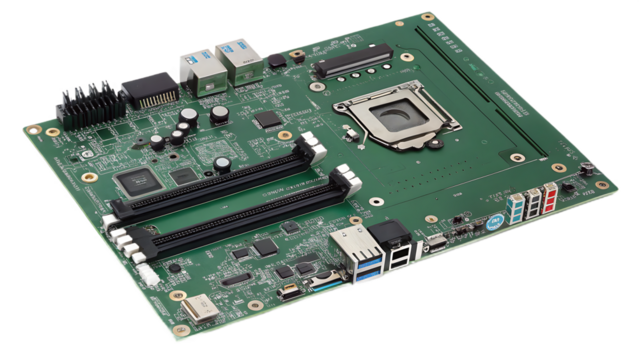 A green computer motherboard with integrated cpu, ram slots, and various ports, representing the central processing unit and connectivity hub of a modern computing system isolated on transparent backg