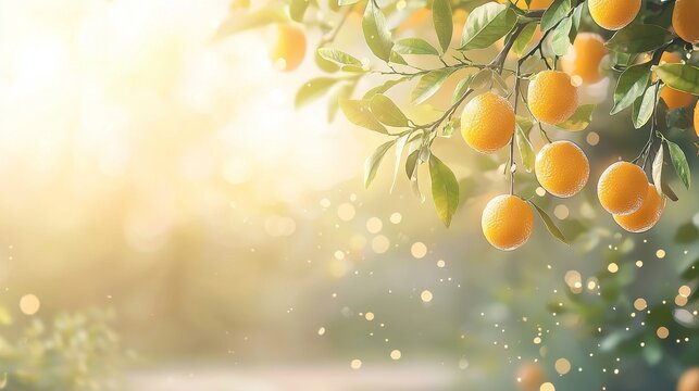 Sunlit orange grove nature scene fruit trees early morning soft focus refreshing ambiance for tranquility and health