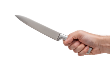 Hand holding a stainless steel kitchen knife
