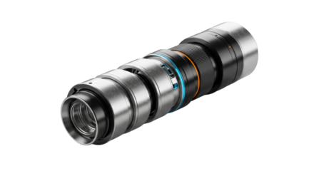 Sleek, futuristic modular device of metal and glass with blue LED accent, on white surface, soft studio light, subtle bokeh. Concept of advanced technology and precision