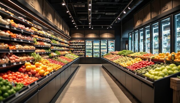 Contemporary grocery store, clean aisles stocked with fresh produce, packaged goods. Vibrant fruits, vegetables fill shelves under modern lighting. Organized retail space offers convenient shopping