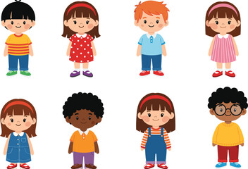 Happy diverse children standing together, cartoon kids smiling, colorful outfits, multicultural group, playful boys and girls, flat vector illustration