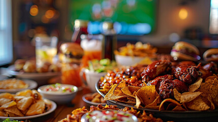 Super Bowl snack spread with nachos, sliders, wings, chips and dip, set up in front of a big screen TV.