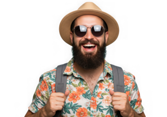 Happy tourist wearing hat and sunglasses on transparent background